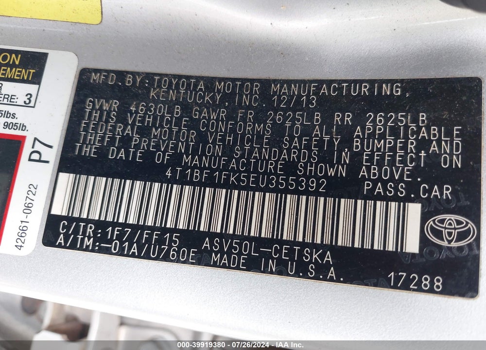 2014 TOYOTA CAMRY SE VIN: 4T1BF1FK5EU355392