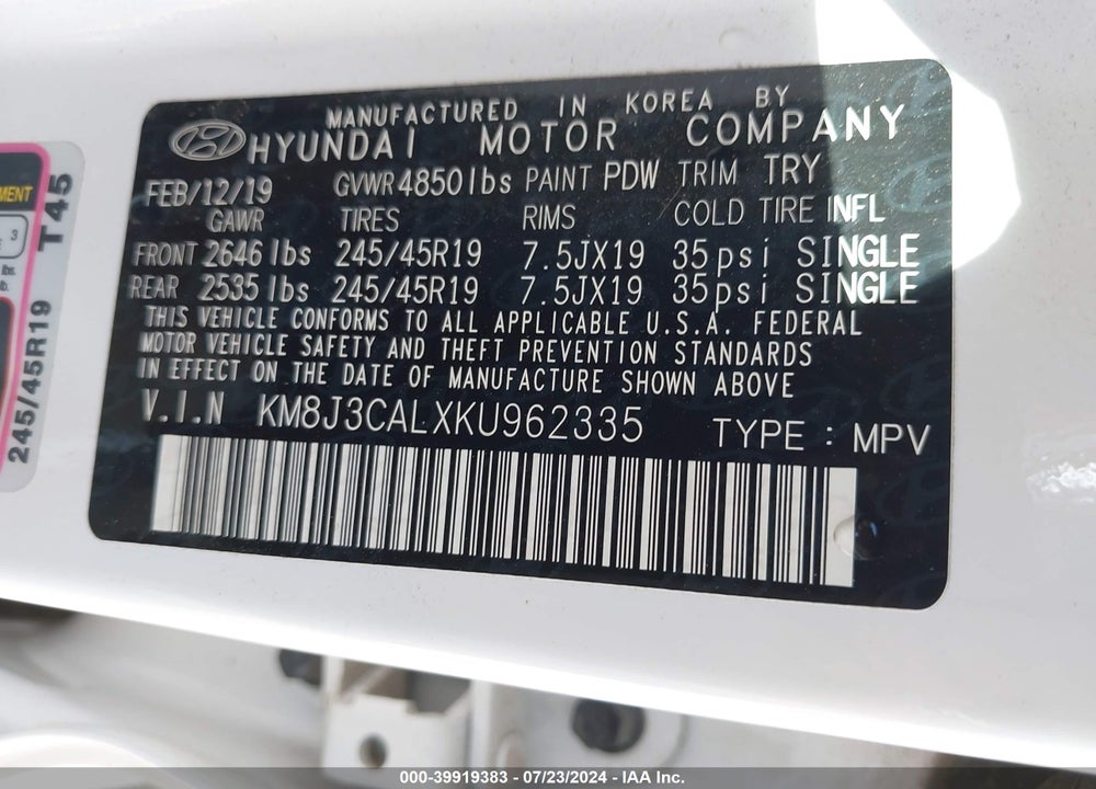 2019 HYUNDAI TUCSON NIGHT VIN: KM8J3CALXKU962335