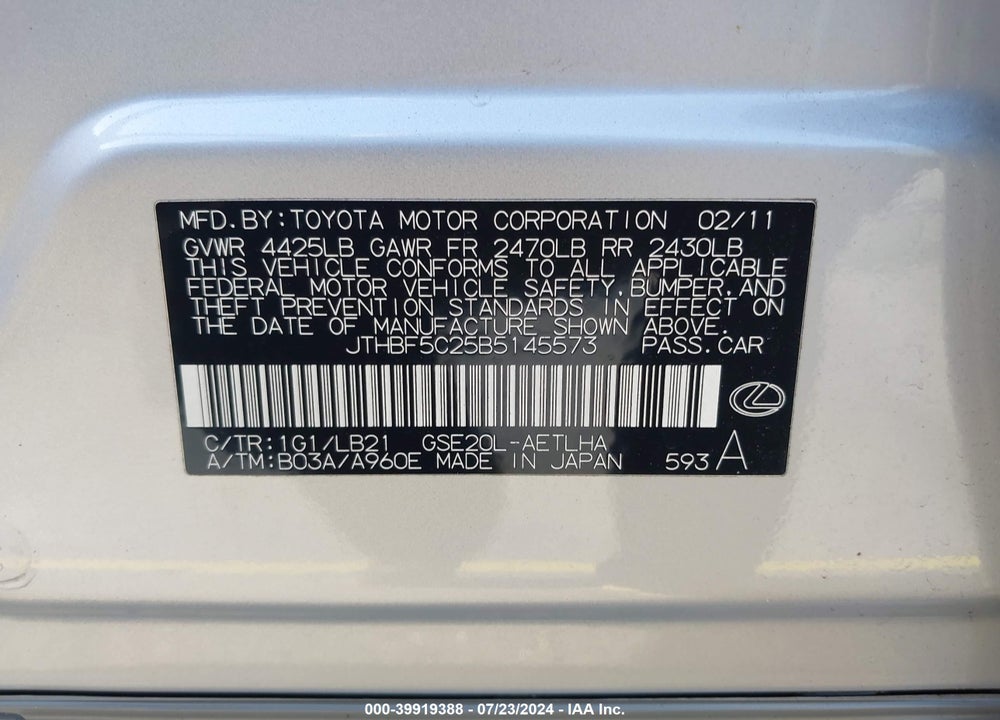 2011 LEXUS IS 250 VIN: JTHBF5C25B5145573