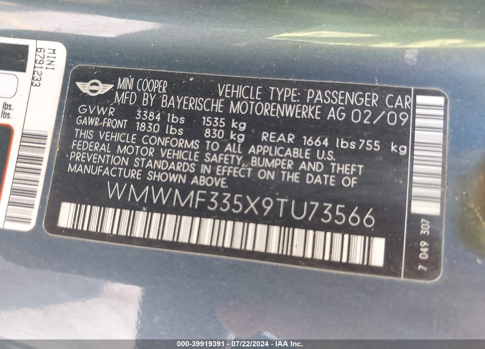2009 MINI COOPER VIN: WMWMF335X9TU73566