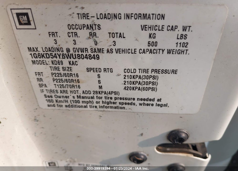 1998 CADILLAC DEVILLE STANDARD VIN: 1G6KD54Y6WU804849