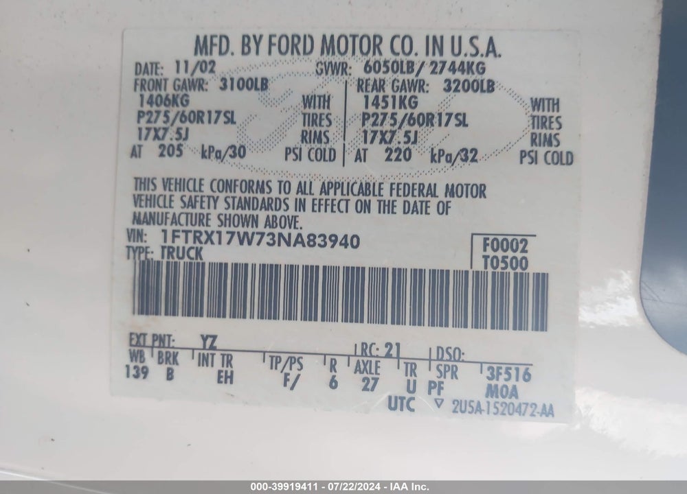2003 FORD F-150 LARIAT/XL/XLT/XLT HERITAGE VIN: 1FTRX17W73NA83940