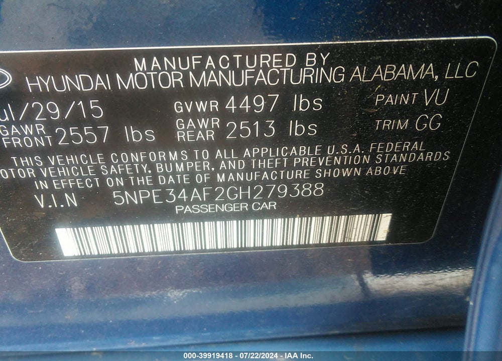 2016 HYUNDAI SONATA SPORT VIN: 5NPE34AF2GH279388