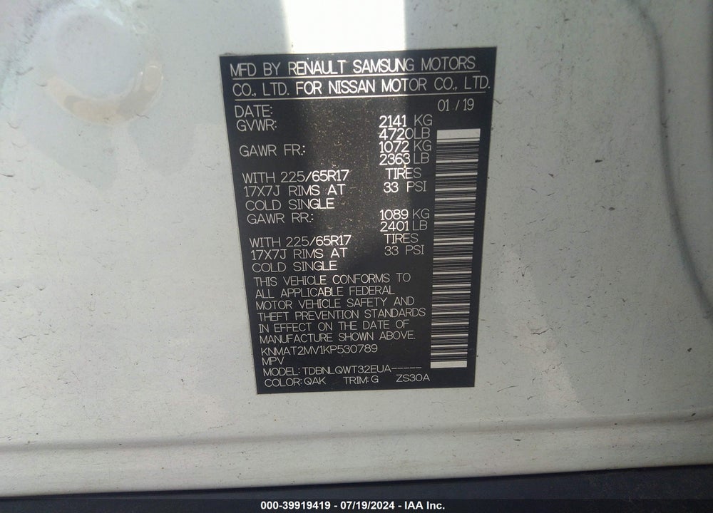 2019 NISSAN ROGUE SV VIN: KNMAT2MV1KP530789