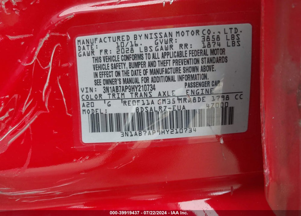 2017 NISSAN SENTRA S/SL/SR/SV VIN: 3N1AB7AP9HY210734