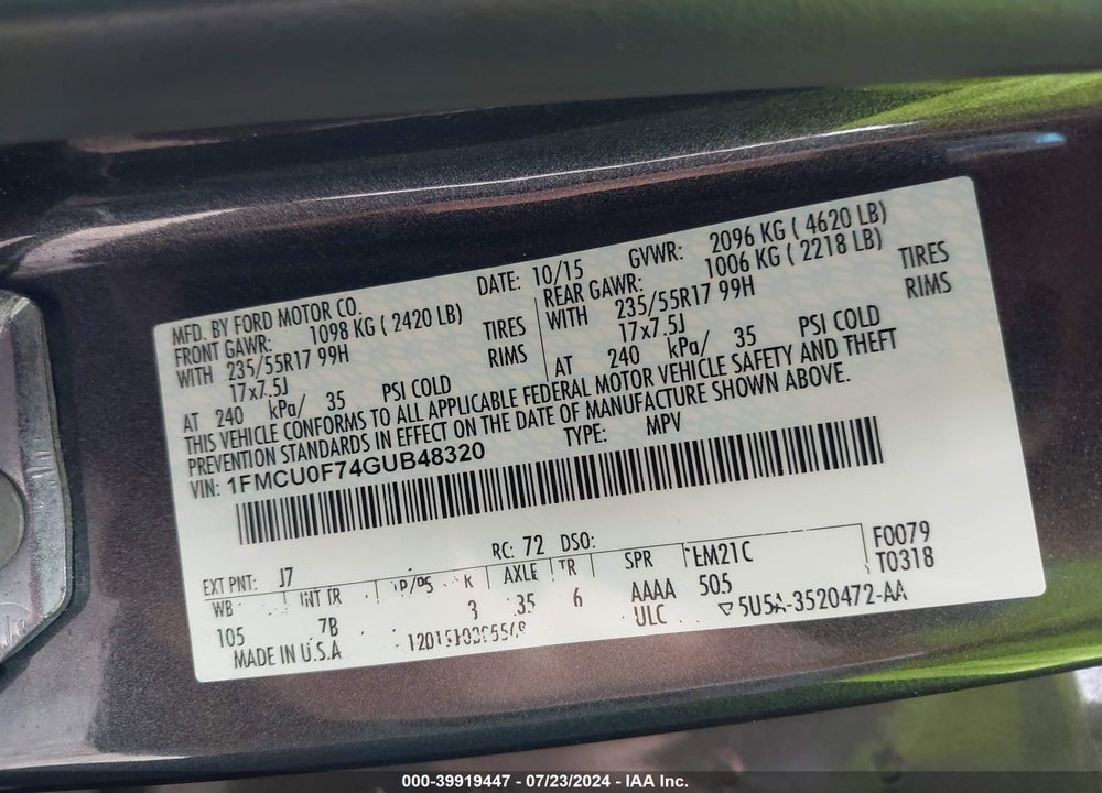 2016 FORD ESCAPE S VIN: 1FMCU0F74GUB48320