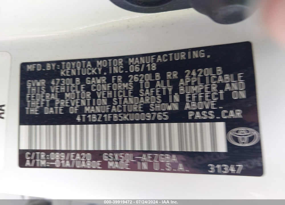 2019 TOYOTA AVALON XLE VIN: 4T1BZ1FB5KU009765