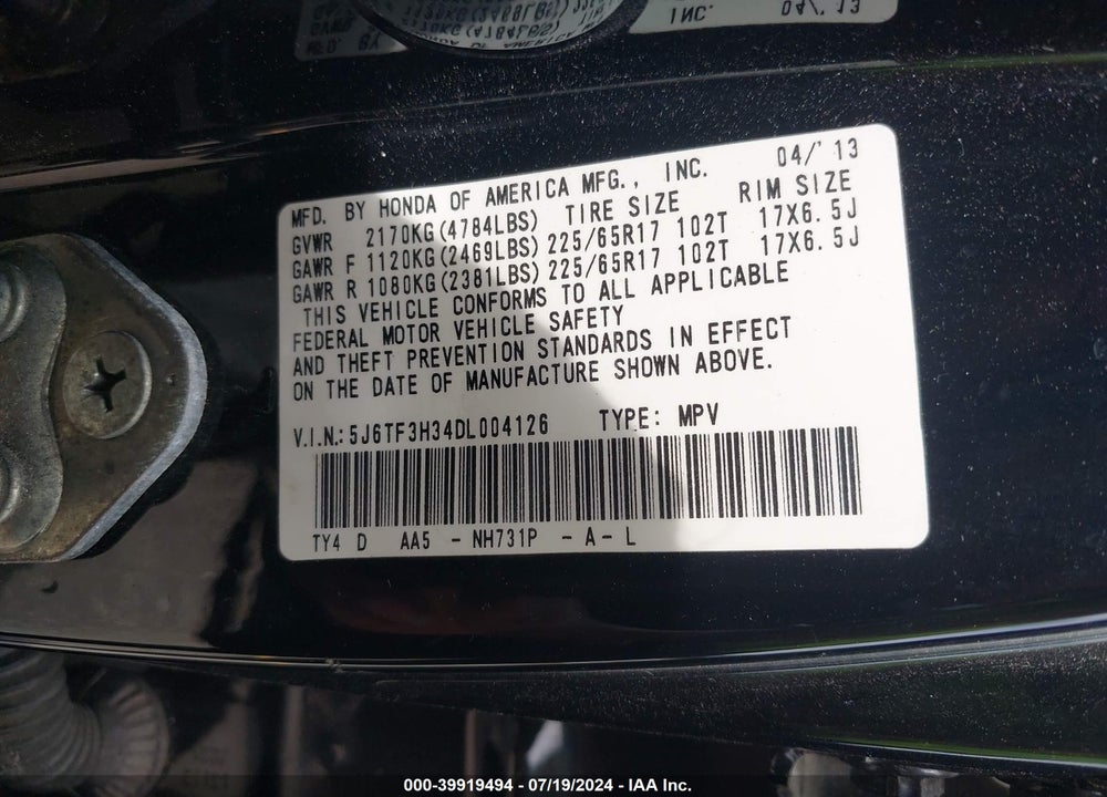 2013 HONDA CROSSTOUR EX VIN: 5J6TF3H34DL004126