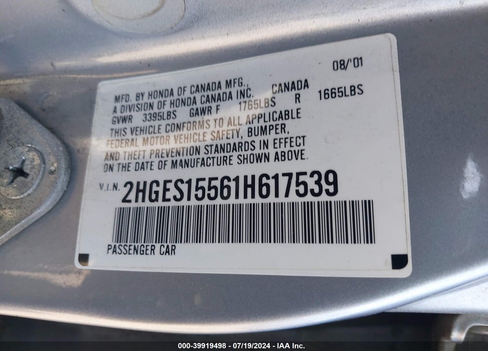 2001 HONDA CIVIC LX VIN: 2HGES15561H617539