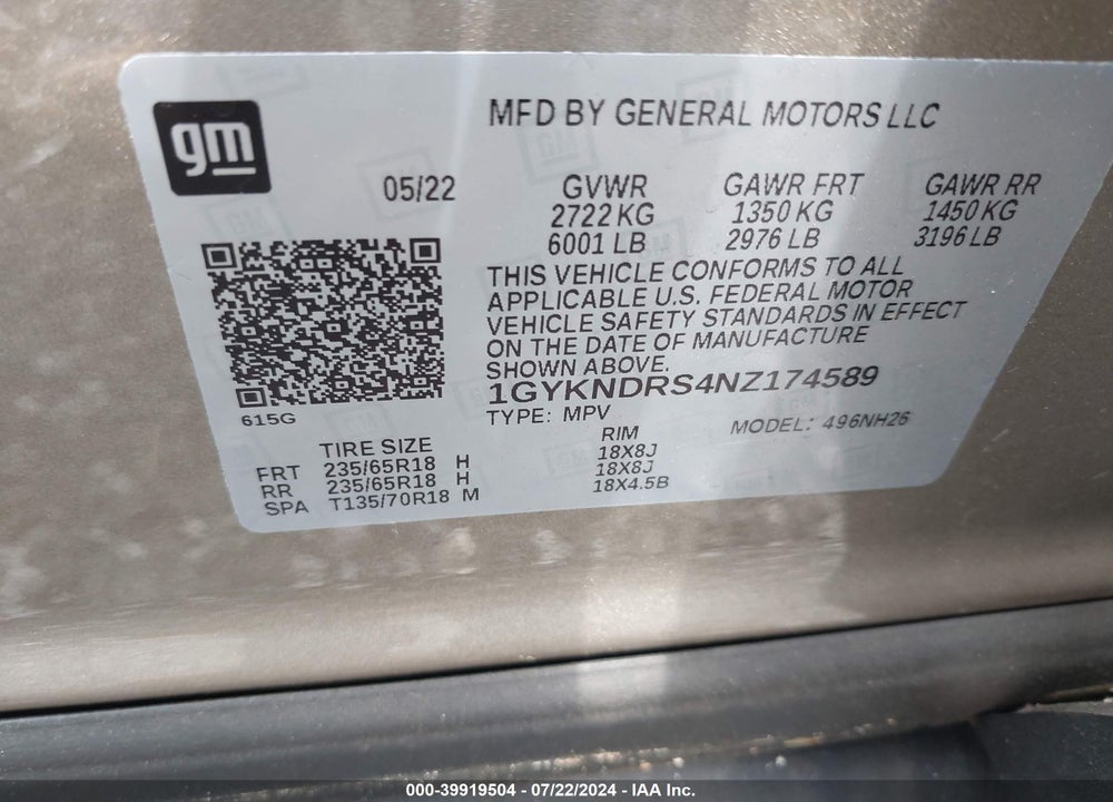 2022 CADILLAC XT5 AWD PREMIUM LUXURY VIN: 1GYKNDRS4NZ174589