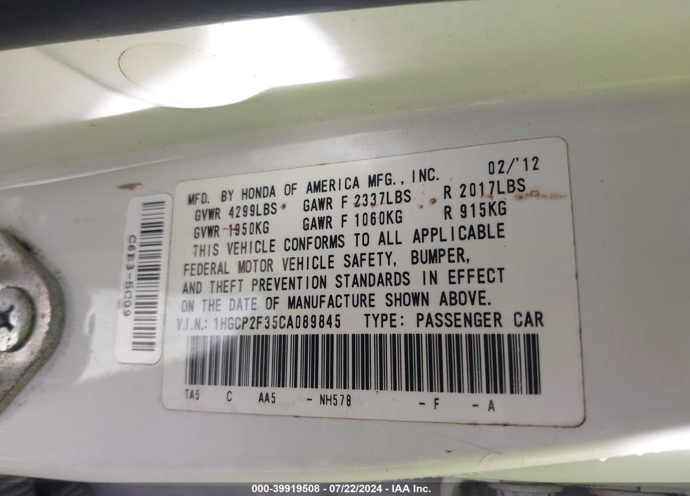 2012 HONDA ACCORD 2.4 LX VIN: 1HGCP2F35CA089845