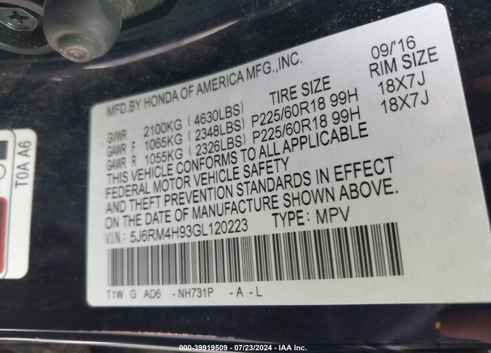 2016 HONDA CR-V TOURING VIN: 5J6RM4H93GL120223