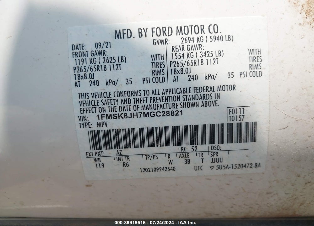 2021 FORD EXPLORER TIMBERLINE VIN: 1FMSK8JH7MGC28821