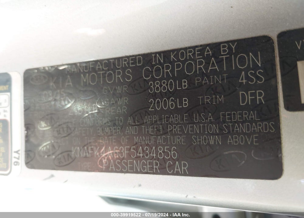 2015 KIA FORTE LX VIN: KNAFK4A63F5434856