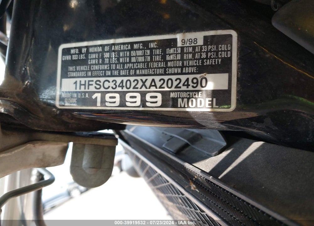 1999 HONDA GL1500 C/2 VIN: 1HFSC3402XA202490