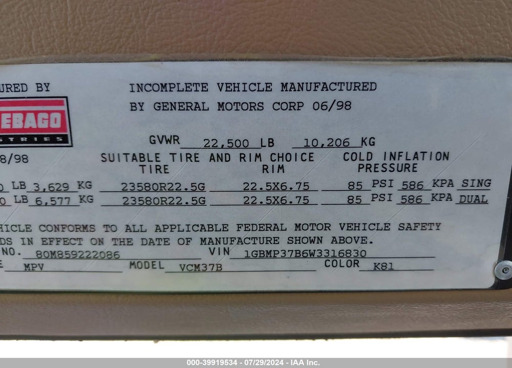 1999 WINNEBAGO P30 VIN: 1GBMP37B6W3316830