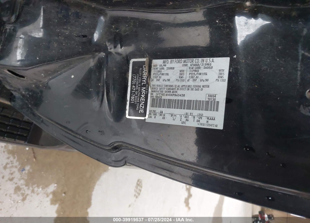 1999 FORD RANGER VIN: 1FTYR14V0XPB65438