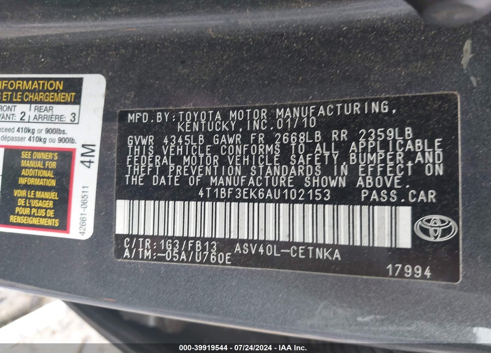 2010 TOYOTA CAMRY LE VIN: 4T1BF3EK6AU102153