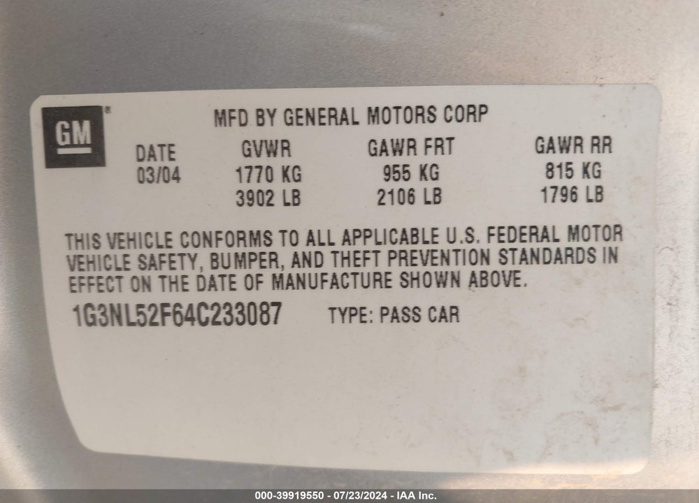 2004 OLDSMOBILE ALERO GL1 VIN: 1G3NL52F64C233087