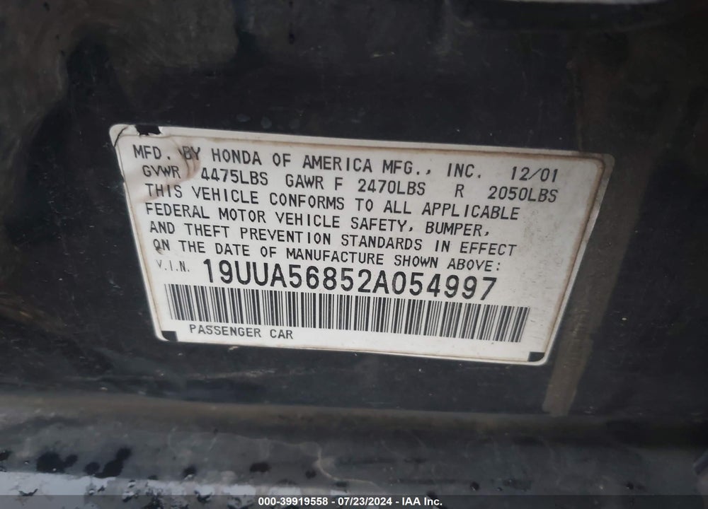 2002 ACURA TL 3.2 TYPE S VIN: 19UUA56852A054997