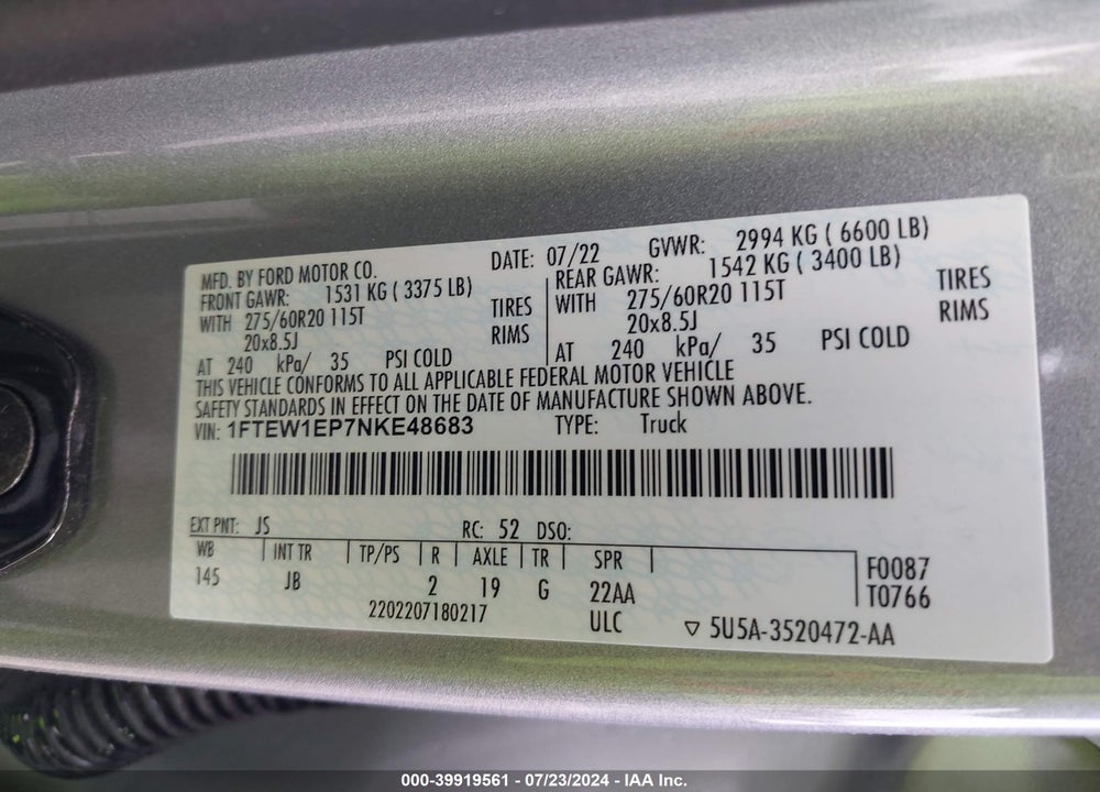 2022 FORD F-150 XL VIN: 1FTEW1EP7NKE48683