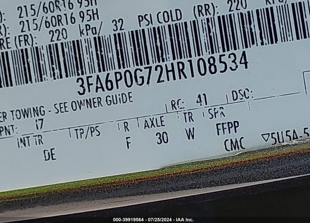 2017 FORD FUSION S VIN: 3FA6P0G72HR108534
