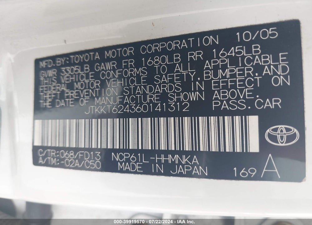2006 SCION XA VIN: JTKKT624360141312
