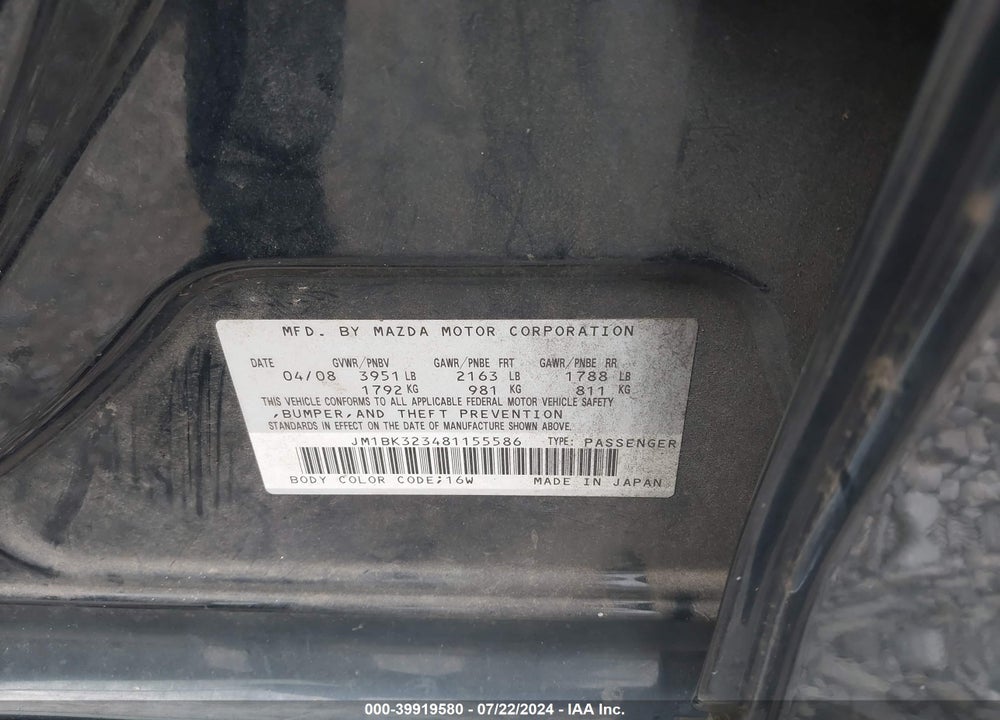 2008 MAZDA 3 S GRAND TOURING VIN: JM1BK323481155586
