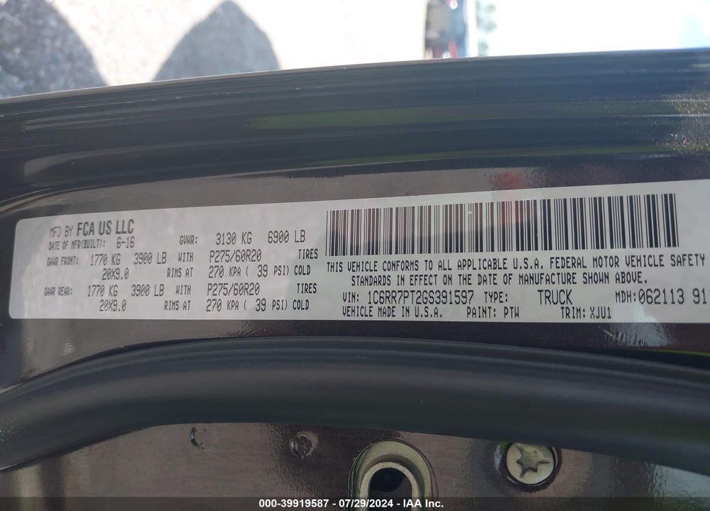 2016 RAM 1500 LONGHORN VIN: 1C6RR7PT2GS391597