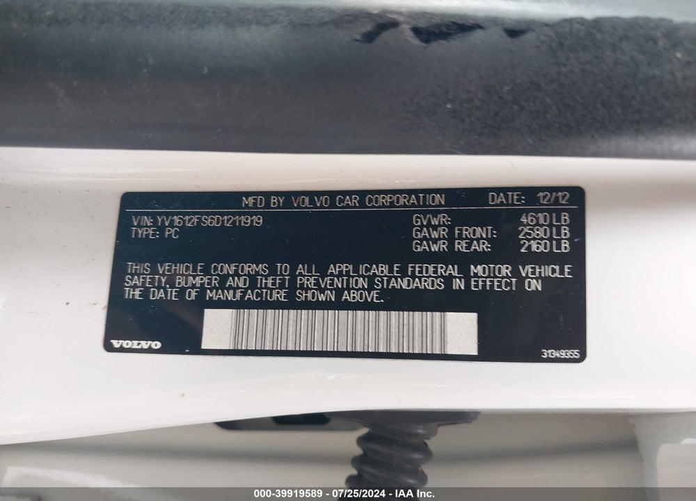 2013 VOLVO S60 T5/T5 PLATINUM/T5 PREMIER/T5 PREMIER PLUS VIN: YV1612FS6D1211919