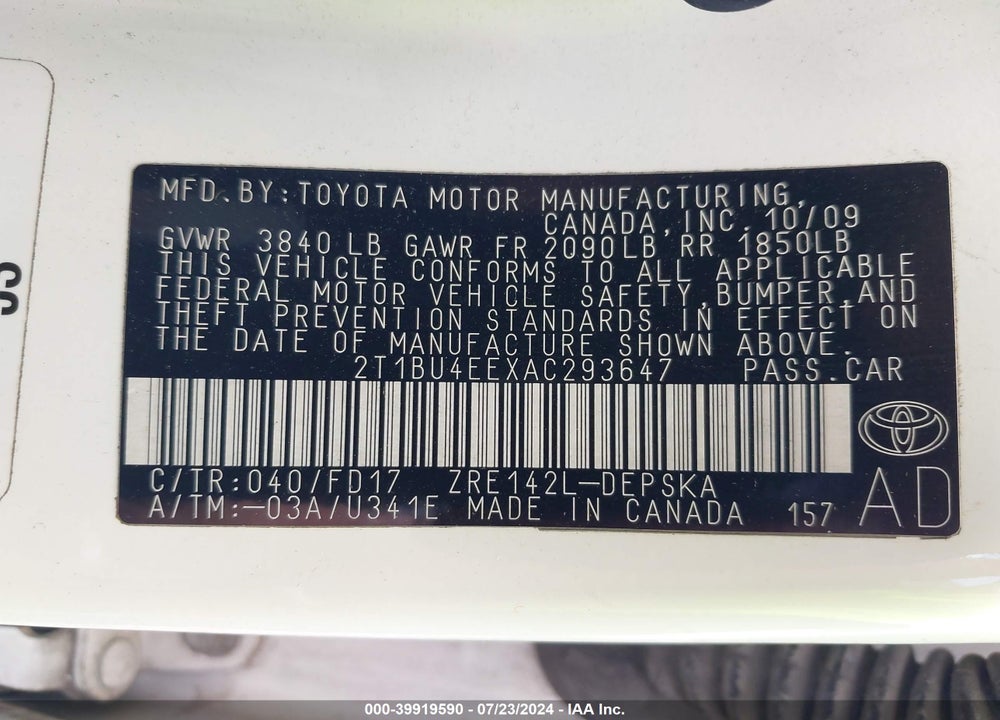 2010 TOYOTA COROLLA S VIN: 2T1BU4EEXAC293647