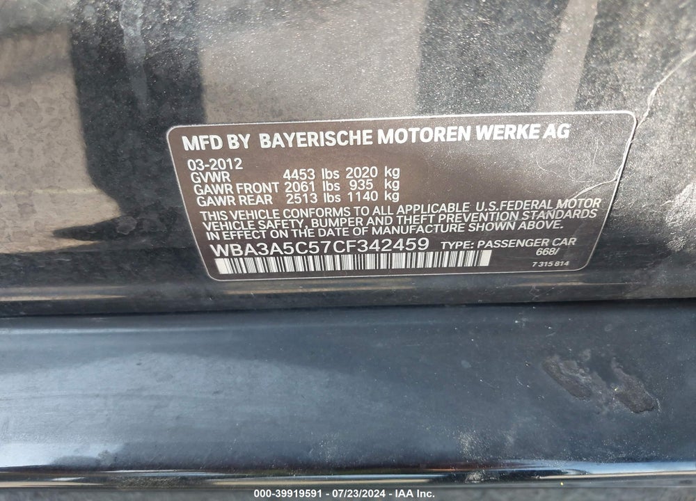 2012 BMW 328I VIN: WBA3A5C57CF342459