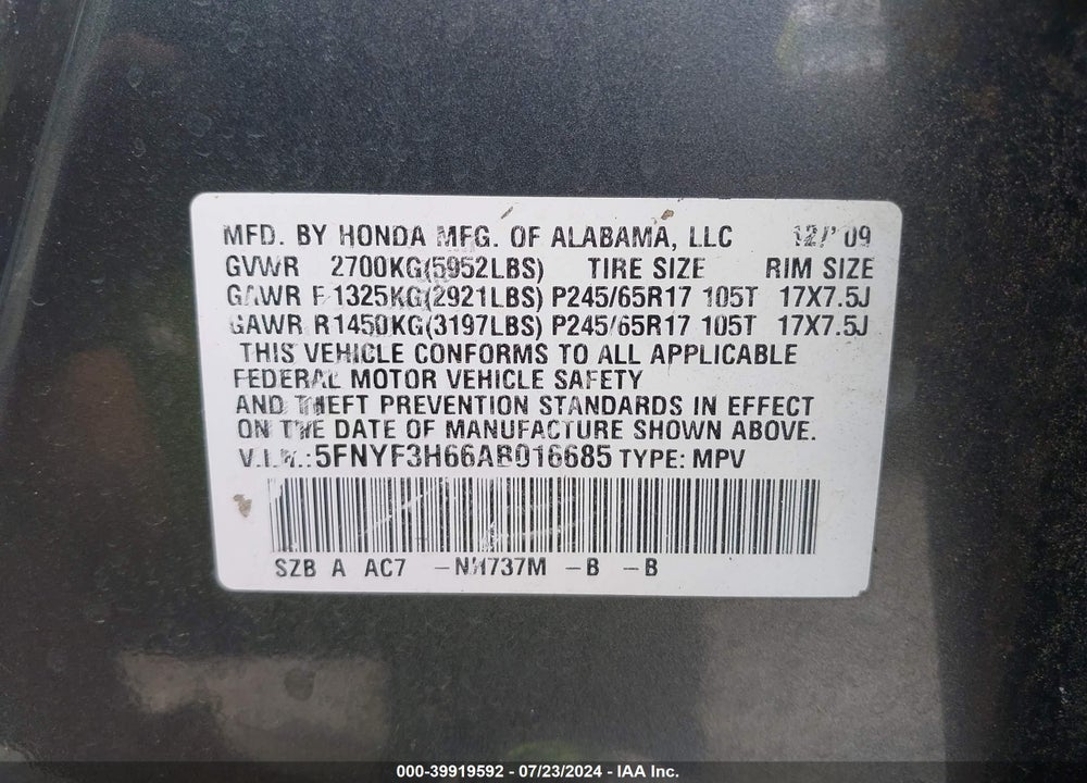 2010 HONDA PILOT EX-L VIN: 5FNYF3H66AB016685