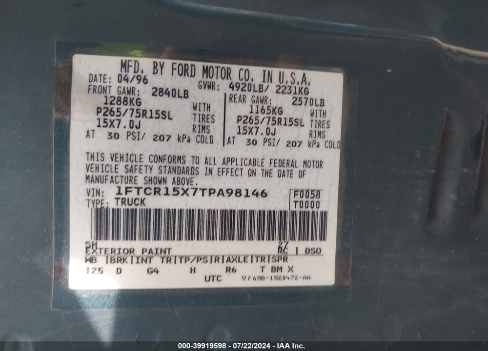 1996 FORD RANGER SUPER CAB VIN: 1FTCR15X7TPA98146