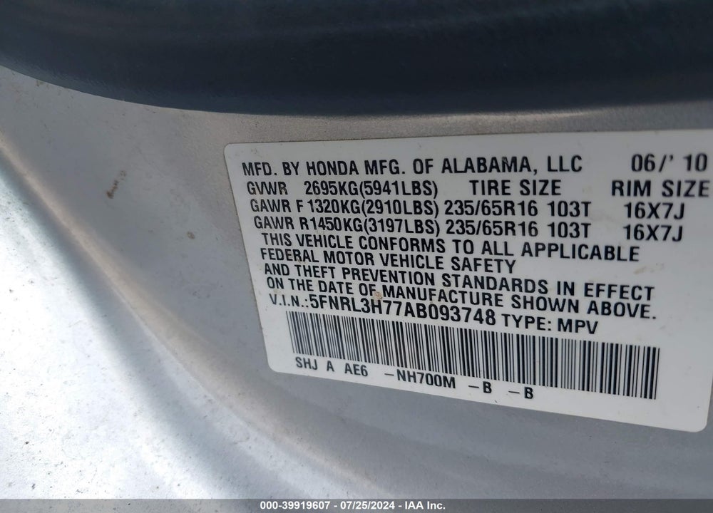 2010 HONDA ODYSSEY EX-L VIN: 5FNRL3H77AB093748