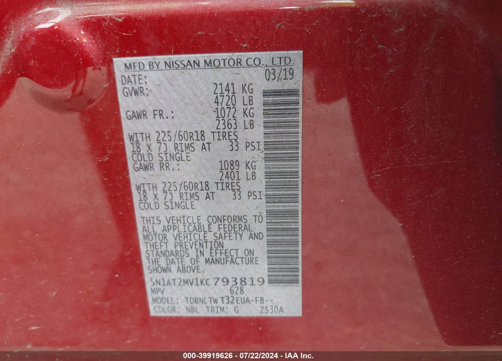 2019 NISSAN ROGUE VIN: 5N1AT2MV1KC793819