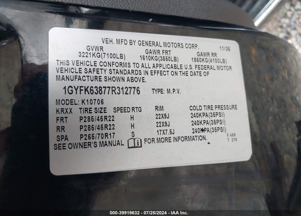 2007 CADILLAC ESCALADE VIN: 1GYFK63877R312776