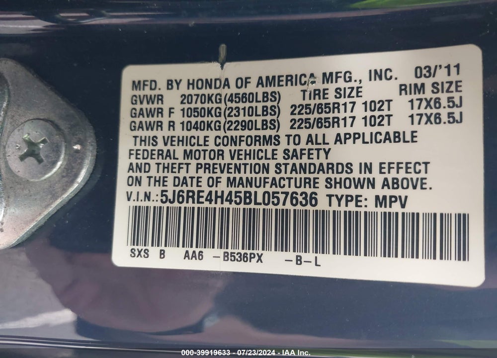 2011 HONDA CR-V SE VIN: 5J6RE4H45BL057636