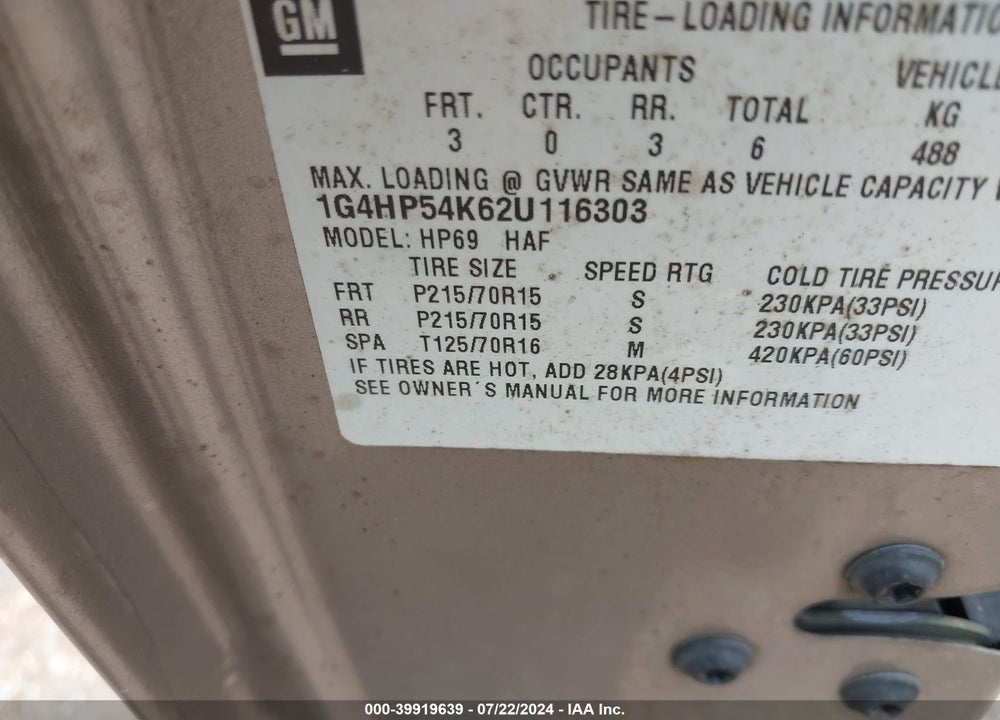 2002 BUICK LESABRE CUSTOM VIN: 1G4HP54K62U116303