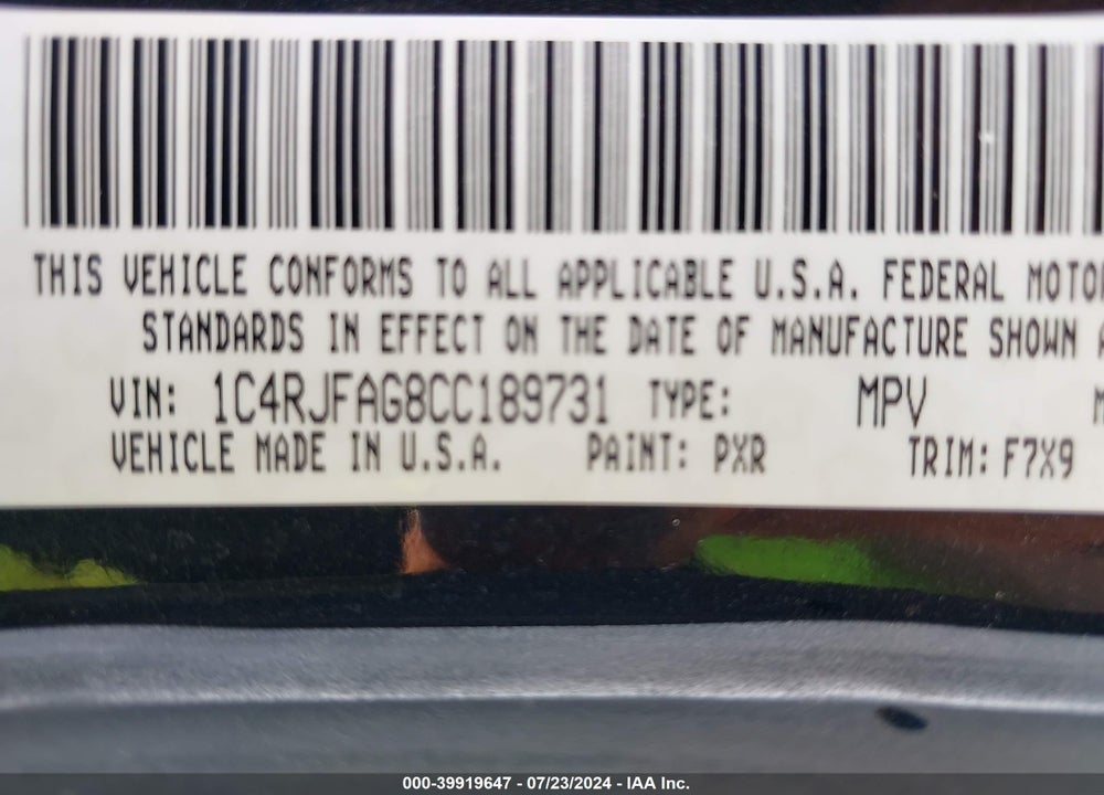 2012 JEEP GRAND CHEROKEE LAREDO VIN: 1C4RJFAG8CC189731