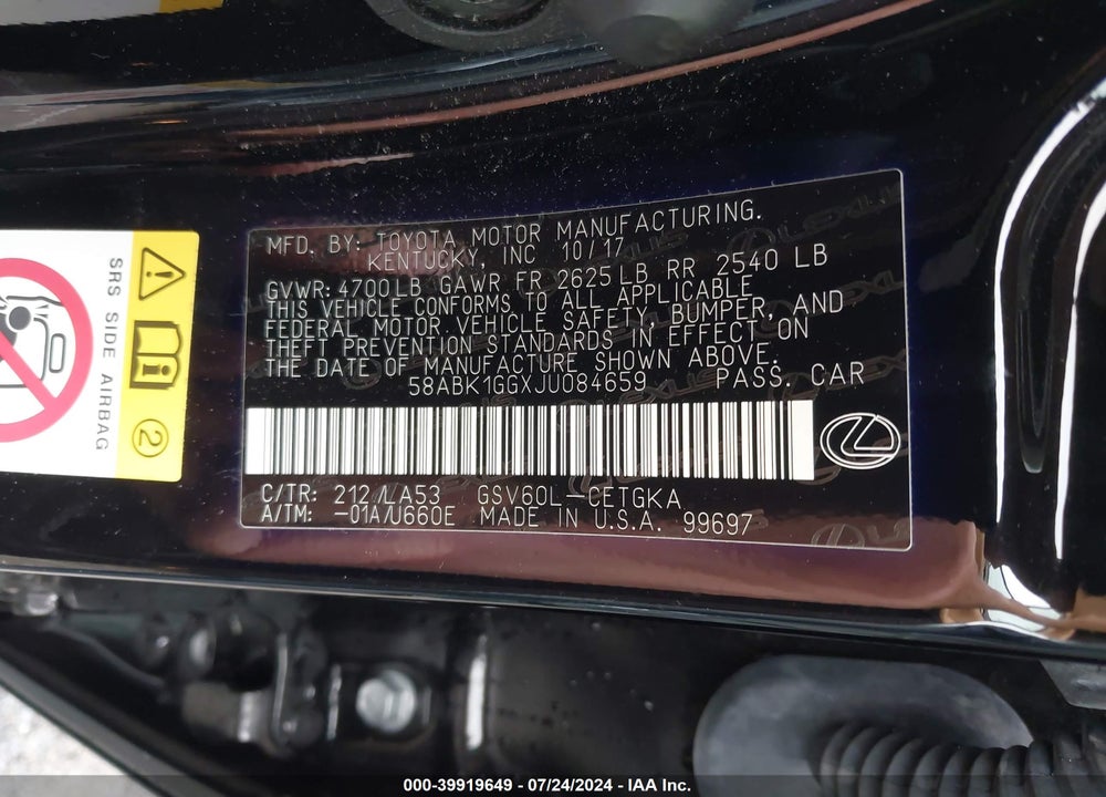 2018 LEXUS ES 350 VIN: 58ABK1GGXJU084659