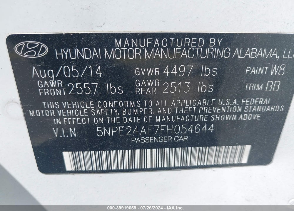 2015 HYUNDAI SONATA SE VIN: 5NPE24AF7FH054644