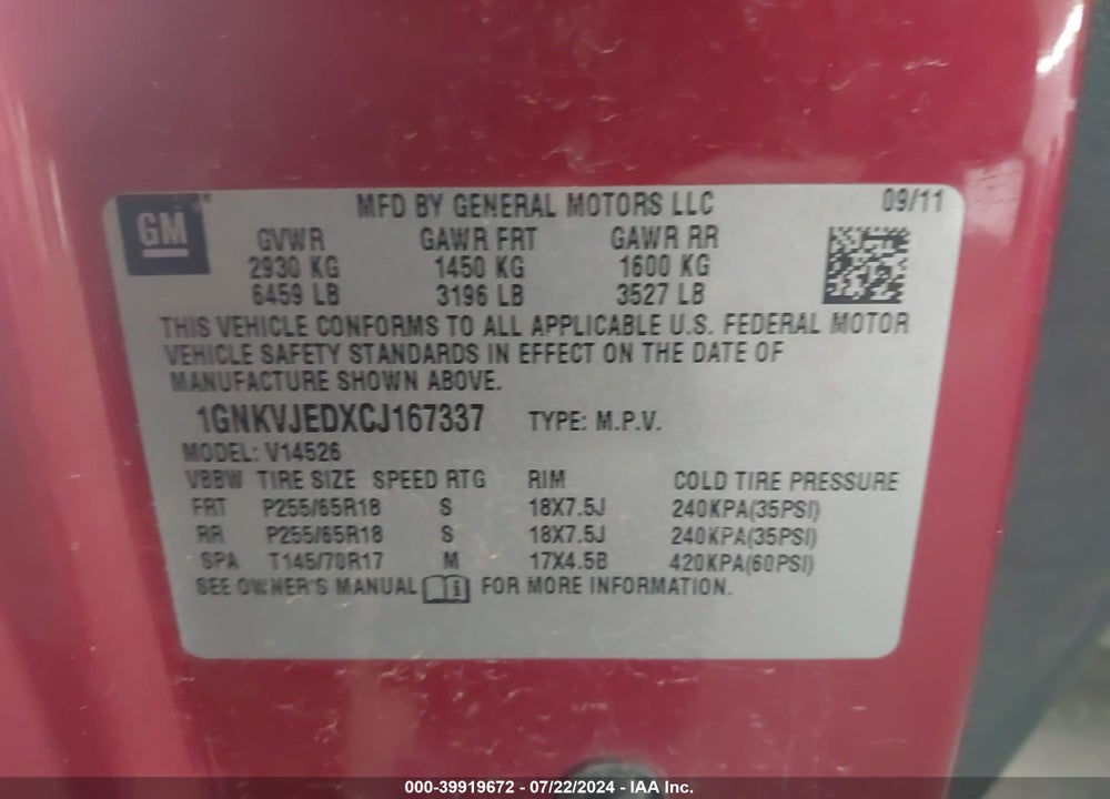 2012 CHEVROLET TRAVERSE 2LT VIN: 1GNKVJEDXCJ167337
