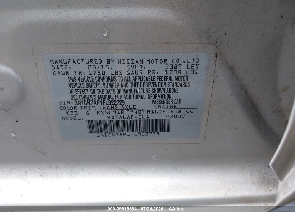 2015 NISSAN VERSA 1.6 S+ VIN: 3N1CN7AP1FL922729