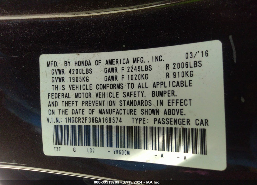 2016 HONDA ACCORD LX VIN: 1HGCR2F36GA169574