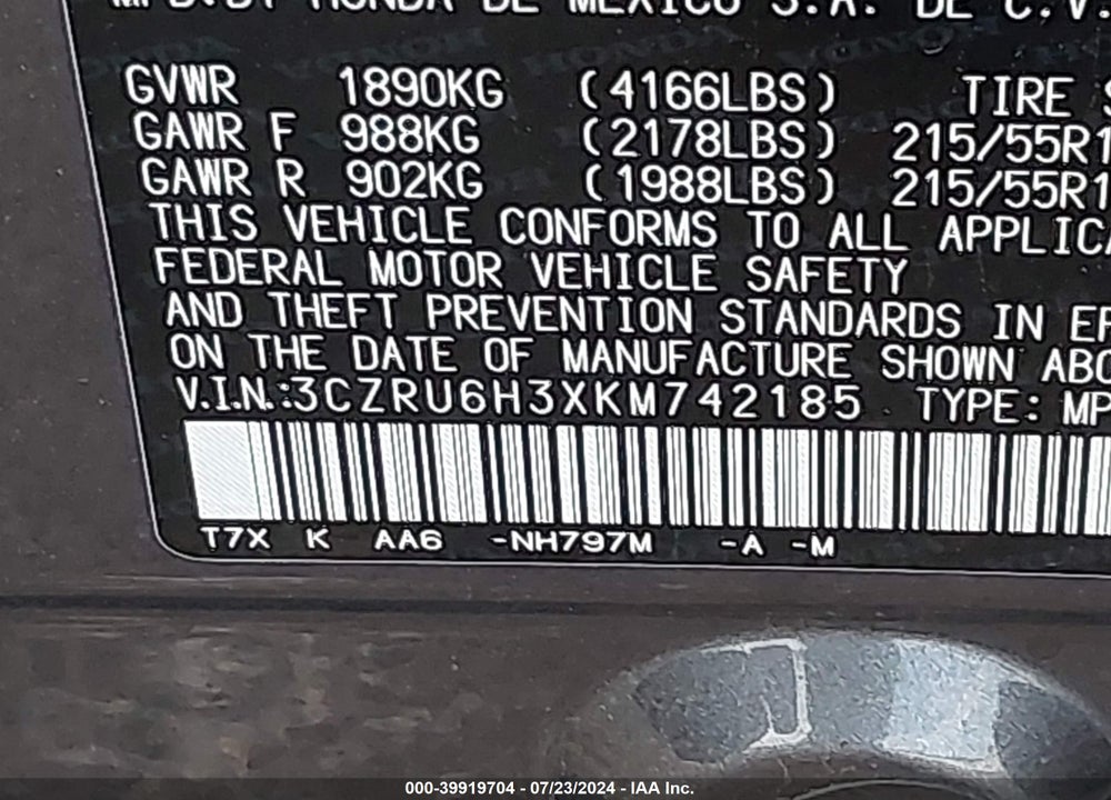 2019 HONDA HR-V LX VIN: 3CZRU6H3XKM742185