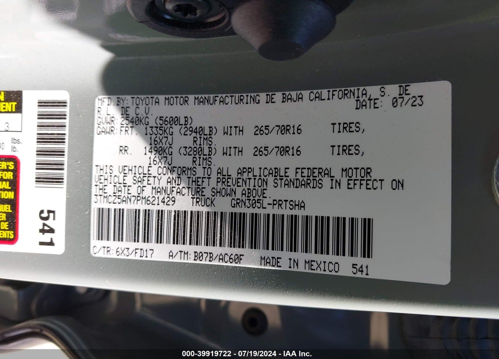 2023 TOYOTA TACOMA TRD OFF ROAD VIN: 3TMCZ5AN7PM621429
