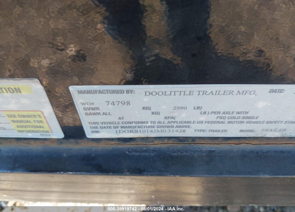 2018 DOOLITTLE SS7710 VIN: 1DGRS1014JM031428