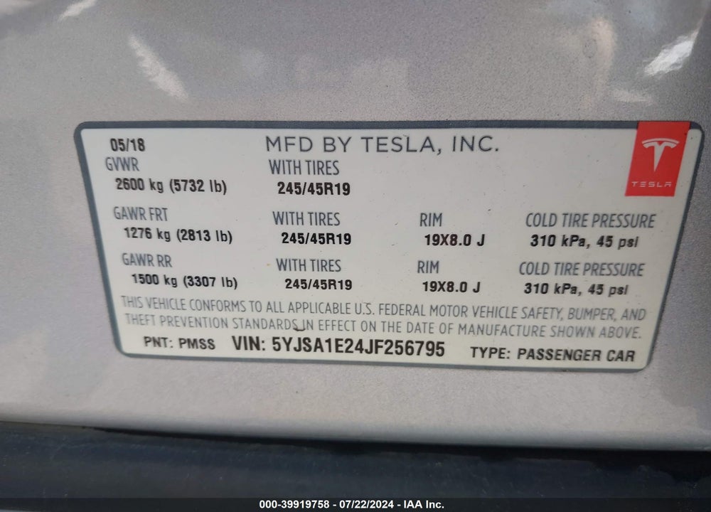 2018 TESLA MODEL S 100D/75D/P100D VIN: 5YJSA1E24JF256795