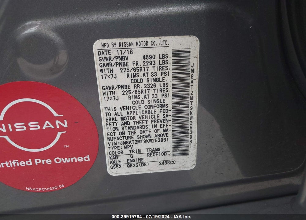 2019 NISSAN ROGUE SV VIN: JN8AT2MT9KW253981